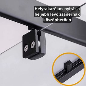 Stuxi Torino Black 90x100 aszimmetrikus szögletes nyílóajtós zuhanykabin 6 mm vízlepergető biztonsági üveggel, matt fekete elemekkel, 200 cm magas