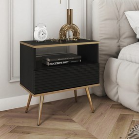 Komodee Elegáns Éjjeliszekrény Banff S54 Mdf Fekete Arany Lábak Díszítés