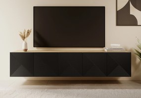 Asha fali TV szekrény 200 cm, bordázott előlap - artisan / fekete matt