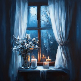 Vászonkép Canvas Ablak Este Éjszaka Gyertyák Virágok Hangulat Kilátás 40x40