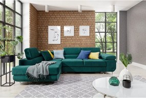 Zöld bársony kinyitható-tárolóhelyes sarokkanapé (bal oldali-L alakú) Anton – ELTAP