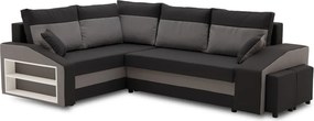 Grande sarokkanapé polcokkal és puffokkal , polc a bal karfaban puffok a jobb karfaban, baloldali, szövet anyag, bonell töltet, fekete - szürke