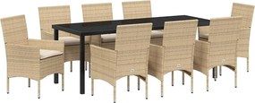 vidaXL Kert étkező szett párnával 9 pcs Bézs polirattan
