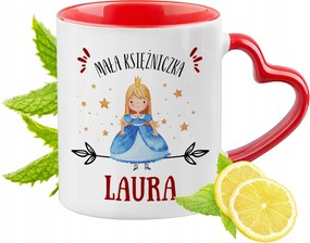 Piros bögre szív alakú füllel Laurának Ajándék