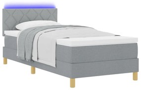 Box Spring ágy matraccal és LED világítással, világosszürke, 90x200 cm, szövet