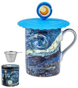 Van Gogh Csillagos éj porcelán teás bögre fémszűrővel szilikon tetővel - fémdobozos