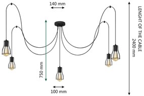 Csillár zsinóron TUBE LONG 5xE27/10W/230V fekete
