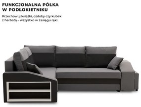 Grande sarokkanapé polcokkal és puffokkal , polc a bal karfaban puffok a jobb karfaban, baloldali, szövet anyag, bonell töltet, szürke - fekete