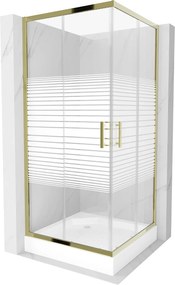 Mexen Rio, szögletes zuhany tolóajtóval 90 (ajtó) x 90 (ajtó) x 190 cm, 5mm átlátszó üveg csíkokkal, arany profil + fehér zuhanytálca RIO, 860-090-09…