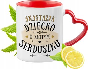 Piros bögre szív alakú füllel Anasztázia számára Ajándék