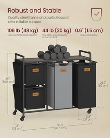 Szennyeskosár 4 rekesszel, 150 l-es ruhaválogató, fekete-szürke
