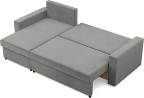 Zeus sarokkanapé, 2 ágyneműtartóval, egyenes kartámasz, bársony, univerzális oldal, hab töltet, világosszürke