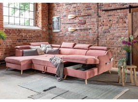 Világos rózsaszín bársony kinyitható sarokkanapé (bal oldali-"U" alakú) Sweet Harmony – Miuform