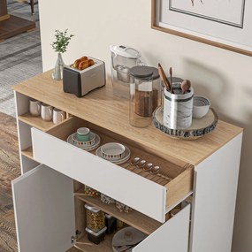HOMCOM Skandináv Stílusú Állítható Polcos Tároló Szekrény Kétajtós Fiókkal és 4 Polccal, 119 x 40 x 102 cm, Fehér | Aosom