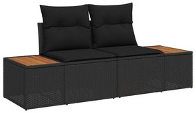 8 darabos Kerti Kanapészett Párnával Fekete Poli Rattan Akác, 3 darabos Kerti Étkező Szett Párnával Fekete Poli Rattan Akác