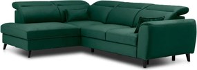 Zöld bársony kinyitható-tárolóhelyes sarokkanapé (bal oldali-L alakú) Noble – ELTAP