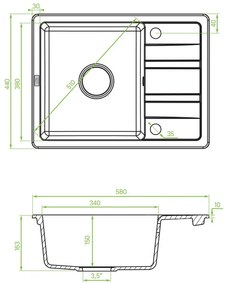 Laveo Stella, 1 kamrás gránit mosogató 580x440x163 mm, rövid lefolyóval, szürke, LAV-SBY_513T