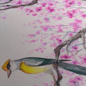 Kép - Madár egy fán rózsaszín virágokkal (órával) (90x30 cm)