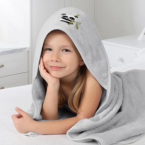 Goldea gyermek frottír fördőlepedő csuklyás - panda világosszürkén 100 x 100 cm