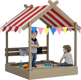 Outsunny Tetővel Ellátott Homokozó, Fa Homokozó Ülőhellyel, Játszóház, 124 x 116 x 146 cm Homokozó Fekete Táblával 3-7 Éves Gyerekeknek, Kert, Szürke