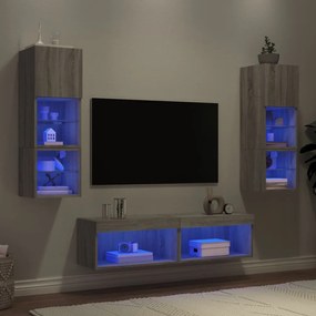 6 darab szürke sonoma színű szerelt fa fali TV-bútor LED-del