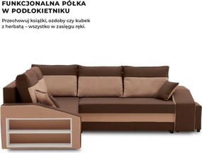 Grande sarokkanapé polcokkal és puffokkal , polc a bal karfaban puffok a jobb karfaban, baloldali, szövet anyag, hab töltet, barna