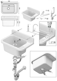 Mosogató Quality Universe, univerzális műanyag mosogató 50x34x31 cm + szifon, 1 kamrás, fekete, SKQ-KGK50-BK