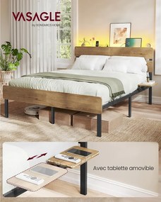 Vasagle fém ágykeret LED-del és USB-vel, 140x190 cm – Barnet