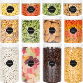 12x Befőttesüveg Élelmiszer Tartály Ömlesztett Termékek 0,5L 1L 1,5L Öntapadó Címkék