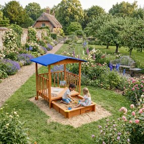 SUNNY verandás homokozó, 130x130x143cm, barna/kék Jurhan