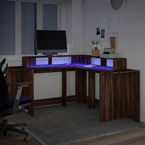 barna tölgy színű szerelt fa íróasztal LED-ekkel 152x152x91 cm