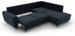 Sötétkék bársony kinyitható tárolóhelyes sarokkanapé (jobb oldali-L alakú) Kyoto – Cosmopolitan Design