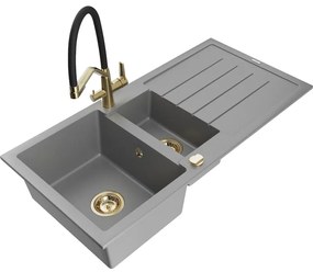 Mexen Andres 1,5 rekeszes gránit mosogató csepegtetőtállal és Duo konyhai csapteleppel, szürke - 6515-71-671701-57-G