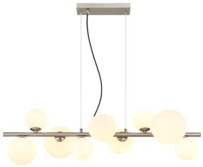 Globo 56140-9H Függeszték fém matt nikkel, üveg fehér, kábel PVC átlátszó, HxSzxM: 870x345x1200mm, üveg átmérő: 4x10cm, 3x12cm, 2x15 cm, benne 9x G9 LED 3.5W 230V, 350lm forrás, 310lm kimenet, 3000K