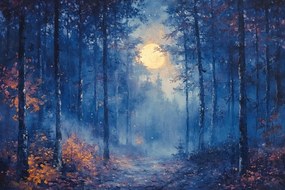 Vászonkép Canvas Tájkép Fák Erdő Éjszaka Út Telihold 60x40