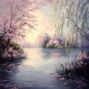 Canvas Vászonkép Tájkép Tavasz Víz Tó Fűzfa Cseresznye 80x80