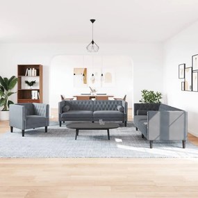 3 részes sötétszürke bársony Chesterfield kanapészett párnákkal