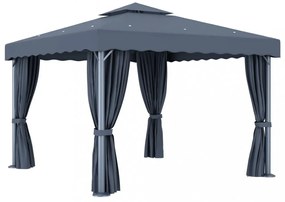 antracitszürke pavilon függönnyel és LED fényfüzérrel 3 x 3 m