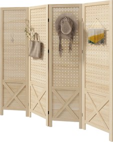 HOMCOM 4 Panel Szobaelválasztó Képernyő 152x1.7x144.5 cm Összecsukható Szobaelválasztó Fa Adott Fogasokkal Iroda Hálószoba Nappali Természetes | Aosom