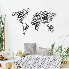 Fém fali dekoráció 103x60 cm, világtérkép mandala virággal, fekete - MONDE HINDU