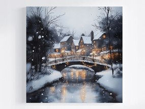 Vászonkép Canvas Tájkép Város Folyó Házak Híd Tél Hó 40x40