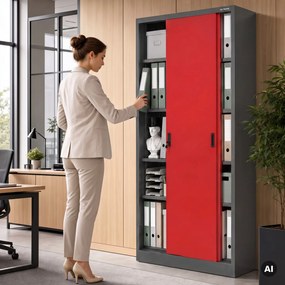 Fém irodai szekrény tolóajtókkal, antracit-piros, 900x1850x400 mm: KUBA