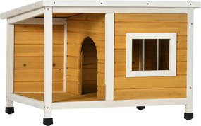PawHut kutyaház verandával, nyíló tetővel, ablakkal, állítható lábakkal, természetes fa, narancs, fehér
