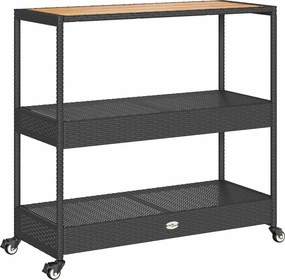 vidaXL 3 szintes fekete polyrattan és tömör akácfa zsúrkocsi