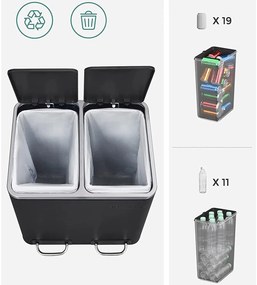 Légmentes acél szemetes, konyhai szemetes, 2 x 15 literes, fekete
