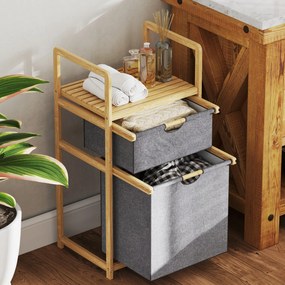 HOMCOM Bambusz Tárolókosár 2 Csúsztatható Textil Táskával és Lécsorral, Mosókosár fürdőszobába, hálószobába, mosókonyhába, Természetes | Aosom