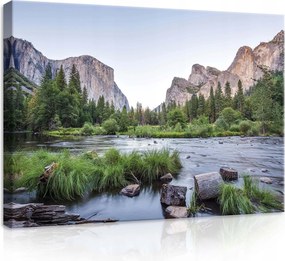 Vászonkép 70x50 Hegyi táj folyó völgy természet nyugalom zöld sziklák