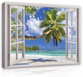 Vászonkép, Kilátás az ablakból, pálmafás tengerpart, 60x40 cm méretben