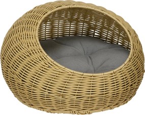 PawHut Rattan Macska Kosár Macska Ház Macska Kunyhó Párnával 4 kg-ig, Macska Ágy Macska Barlang, Belső Tér, PE Rattan, Ø50 x 31 cm, Világos Barna | Ao