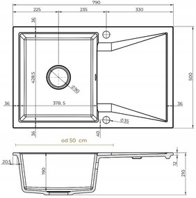 Mosogató Minőségi Obszidián, konyhai gránit mosogató 790x500x210 mm + króm szifon, fehér, SKQ-OBS.W.1KDO.X